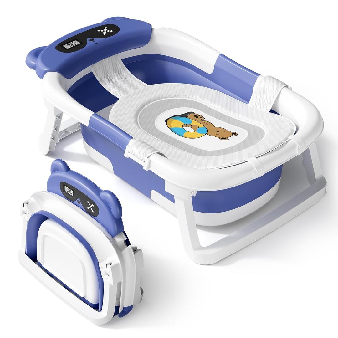 AVIDOR Baby Bathtub,Collapsible Bathtub for Newborn to Toddler,Durable Essential Infant Bath Tub,Portable Travel Baby Bathtub with Soft Cushion,No-Slip Hanging and Detachable Bathtub(Navy Blue)