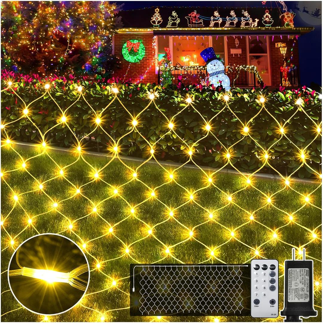 KNONEW Christmas Net Lights, 600 LEDs 19.7ft x 13.1ft Outdoor Waterproof Mesh Lights with 8 Modes & Timer, Plug-in Net Fairy Lights for Garden Bushes, Party Wedding Holiday.Warm White