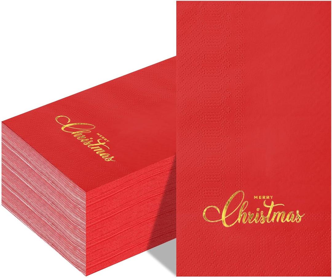 Gueevin 100 Pcs Christmas Disposable Paper Guest Napkin Gold Foil Merry Christmas Hand Towels Xmas Decorative Party Napkin for Bathroom Kitchen Lunch Dinner Table Wedding Supplies(Red,Word)