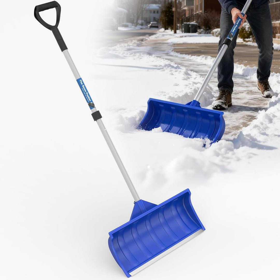 Snow Pusher Shovel for Driveway Car Garage, Snow Removal Plow with D-Grip Handle Aluminum Strip, Ergonomic Heavy Duty Wide Snow Shovel for Home Outdoor, Blue