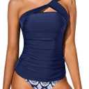 Tempt Me Two Piece Tankini Bathing Suits for Women One Shoulder Swim Top with Bottom Swimsuits, Size: Medium (Blue)