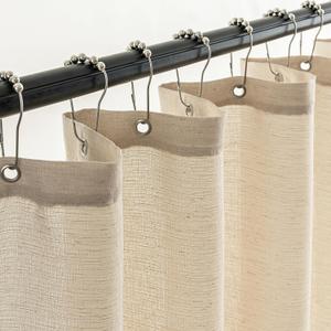 VOILYBIRD Beige Linen Shower Curtain, Farmhouse Bath Decor Slub Texture Neutral Elegant Long Shower Curtain with Hooks, 72 x 78