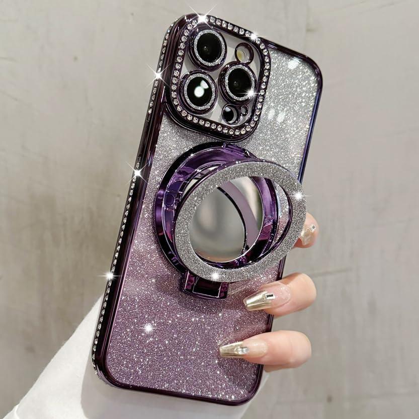 Mirror Kickstand Glitter Diamond Case for iPhone 15 14 13 12 Pro Max,Magnetic Stand Holder,Camera Lens Protector Compatible with Magsafe, Rhinesetone Bing Cover Case (Purple,for iPhone 12 Pro)