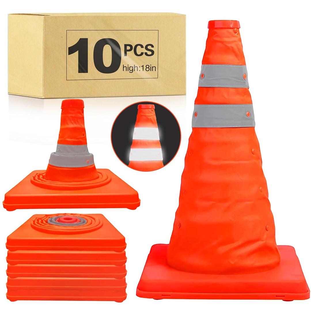 TENKAIWICK 18 Inch 10 Pack Traffic Cones, Collapsible Safety Cones, Multi Purpose Pop-up Cones with Reflective Collar, Orange Cones for Parking lot, Driveway, Driving Training etc