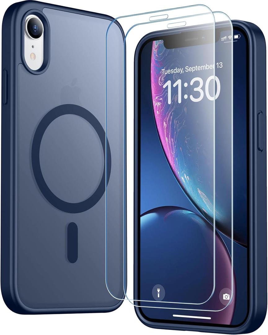 SPIDERCASE for iPhone XR Case, Magnetic Translucent Matte Case with 2PCS Tempered Glass Screen Protector Slim Phone Case for iPhone XR 6.1'', Blue