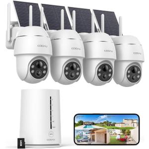 COOAU Cameras for Home Security Outdoor,4MP Solar Security Camera Wireless System,4 Cam-Kit,360 Pan & Tilt,Color Night Vision,Motion Detection,No Monthly Fee,Siren Alarm,IP66,64GB Memory Card