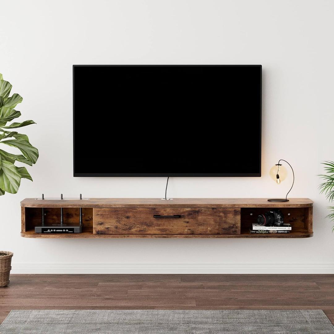 Floating TV Unit, 47'' Wall Mounted TV Cabinet, Floating Shelves with Door, Modern Entertainment Media Console Center Large Storage TV Bench for Living Room & Office (47.24IN, Rustic Brown)