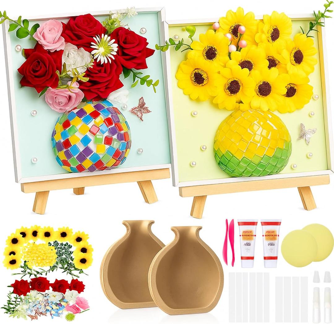 2 Sets DIY Vase Mosaic Painting Kit Mosaics Arts Craft Set with Vase Flower Accessories Handmade Art Painting Kit for Adults Handcraft Course Creativity Artwork Gift Home Room Decor