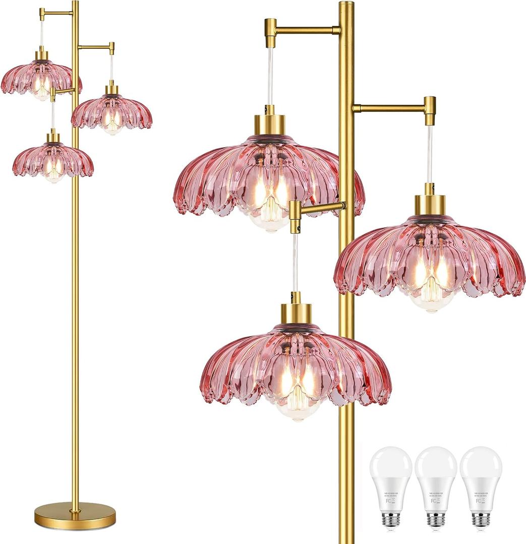 Vintage Floor Lamps for Living Room Bedroom-3 Light Glass Floor Lamp with Three Led Bulb, Tall Flower Floor Lamp Gold Mid Century Modern Standing Lamp Tree Floor Lamps for Living Room Bedroom Corner