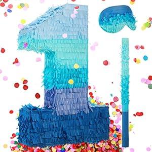 Number 1 2 3 4 5 6 7 8 9 Piñata with Stick Blindfold Confetti, Gradient Blue Piñata for Kids Birthday Party Large Blue Piñata for Boys Girls Birthday Anniversary Decoration Supplies(Number 1)