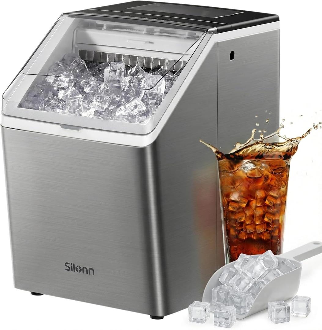Silonn Stainless Steel Countertop Ice Maker, 44Lbs/Day High Efficiency, 2 Ways to Add Water, One-Click Auto Self-Cleaning, Portable Ice Machine Ideal for Home, Office, Bar & Party