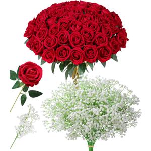 HyeFlora 35 PCS Artificial Red Roses with 15 PCS Fake Baby Breath Realistic Fake Flowers Bouquet with Long Stem for DIY Wedding Party Home Decoration Vase Tables Centerpieces Arrangements Gift for Her