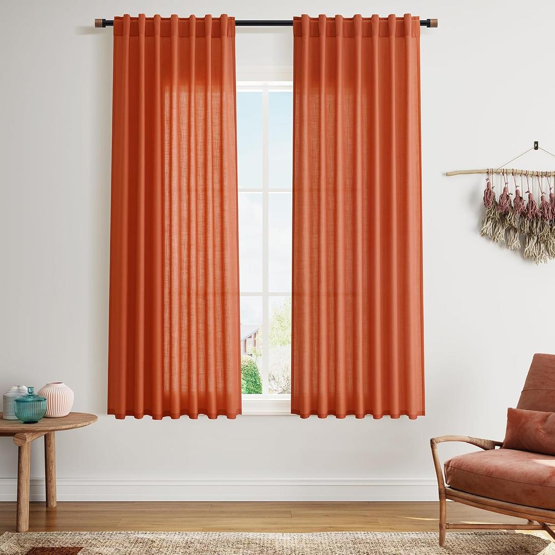 Bright Orange Curtains 63 Inches Long 2 Panel Sets for Living Room Bedroom, Light Filtering Linen Drapes for Kitchen Windows Rod Pocket or Back Tab Curtain,Semi Sheer 52x63
