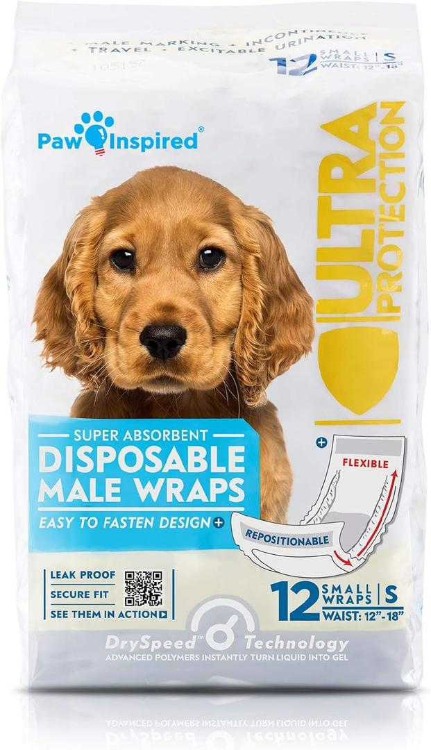 Paw Inspired Disposable Male Dog Wraps, Belly Band for Dogs | Disposable Dog Diapers | Belly Bands for Male Dogs (12 Count, Small)