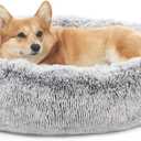 Bedfolks Calming Donut Dog Bed, 30 Inches Round Fluffy Dog Beds for Medium Dogs, Anti-Anxiety Plush Dog Bed, Machine Washable Pet Bed (Dark Grey, Medium)