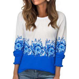 Long Sleeve Shirts for Women 2026 Spring Dressy Casual Blouses Pleated Crewneck Tunic Tops for Leggings Cute Tee (X-Large, White Blue Floral 1)