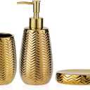 Gold Bathroom Accessories 3pcs Stylish Bathroom Accessories Set Gold Soap Dispenser Pump, Tumbler and Soap Dish Modern Decor Wavy Design Ceramic Bathroom Accessory Set