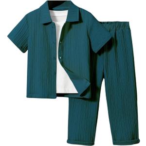 Boy's 2 Piece Outfits Textured Button Down Short Sleeve Collar Shirts Tops and Elastic Waisted Pants (7Y, Dark Green)