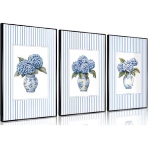 3Pcs Blue Hydrangea Chinoiserie Wall Art Blue and White Stripe Vase Wall Decor Pictures Trendy Preppy Aesthetics Floral Posters Prints for Dorm Apartment Woman Bedroom Decoration Unframed 16x24in