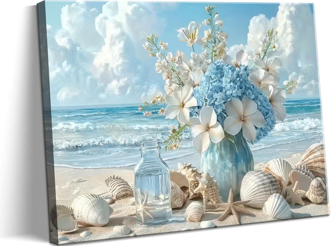 Beach Bathroom Canvas Wall Art Coastal Floral Wall Decor Picture Ocean Theme Seascape Seashell Starfish Poster Print for Bathroom Bedroom Living Room 16x24in