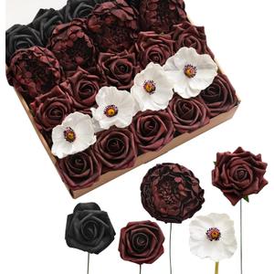 Ling's Moment Artificial Flowers Fake Roses Silk Poppy Faux Foam Peony Combo for DIY Wedding Bouquets Centerpieces Arrangements Bridal Shower Party Home Decorations, Dark Red & Black & White, 23pcs (Red-dark Red & Black & White)