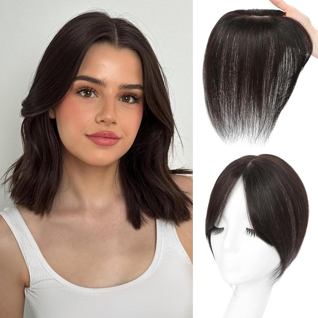 Hair Toppers for Women with Bangs 100% Human Hair 3603D Cover Fake Bangs Hair Topper with Thinning Newly Upgraded Realistic Scalp with Hairpieces for Daily Wear(Brown BlackSide Bangs)