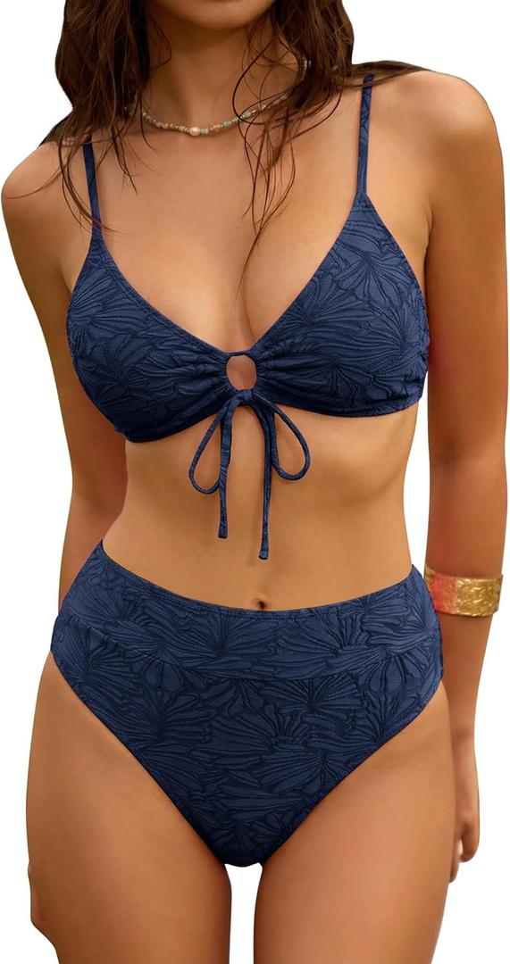 ZAFUL Bikini Sets for Women String 2 Piece Swimsuits High Waisted Bathing Suit V Neck Cut Out Swimwear, Medium