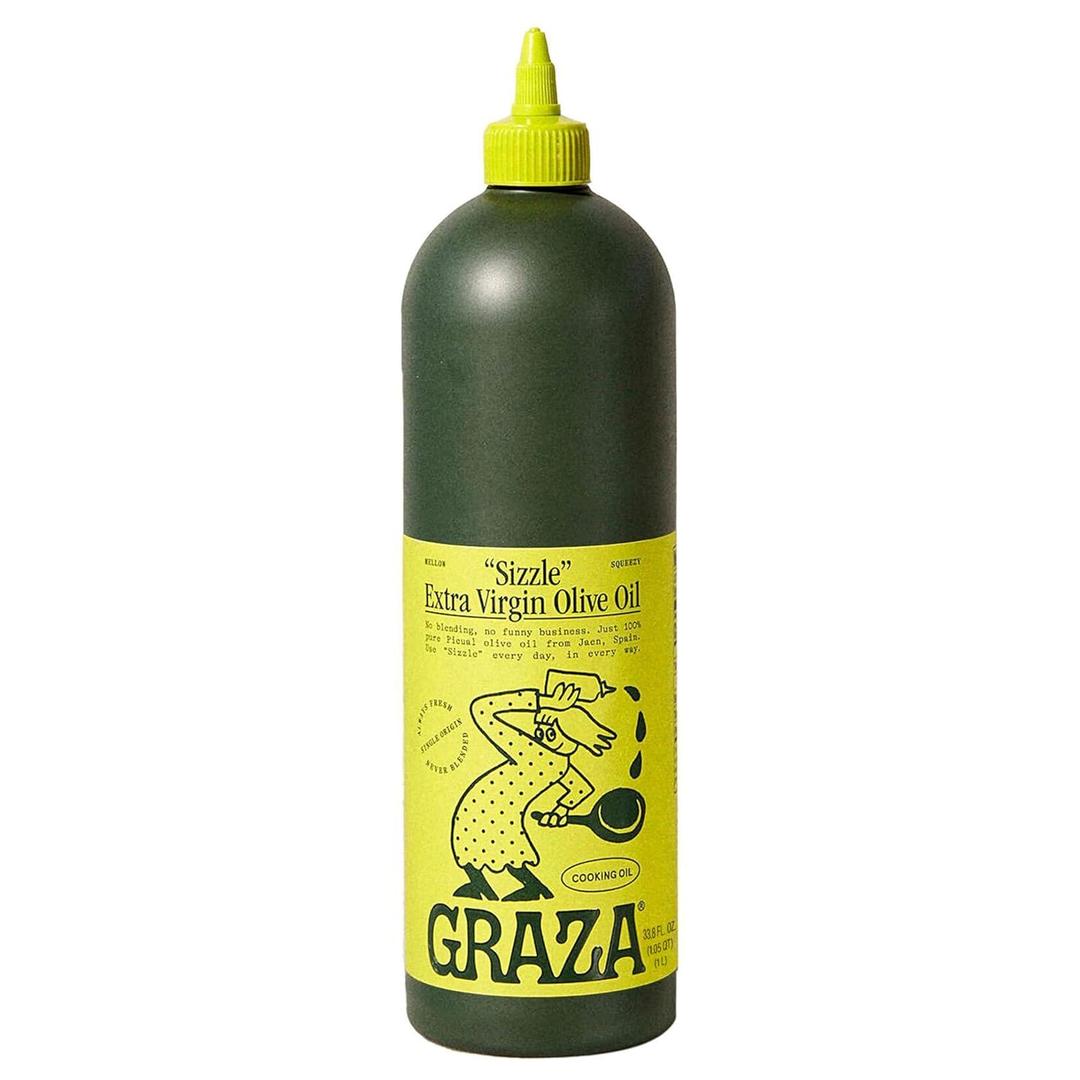 Graza Sizzle Extra Virgin Olive Oil, Cooking Oil - High Polyphenol Peak Harvest EVOO Cooking Oil in a Squeeze Bottle - Single Farm Olives from Spain - 33.8 Fl Oz (1L) (EXP 03/23/28)