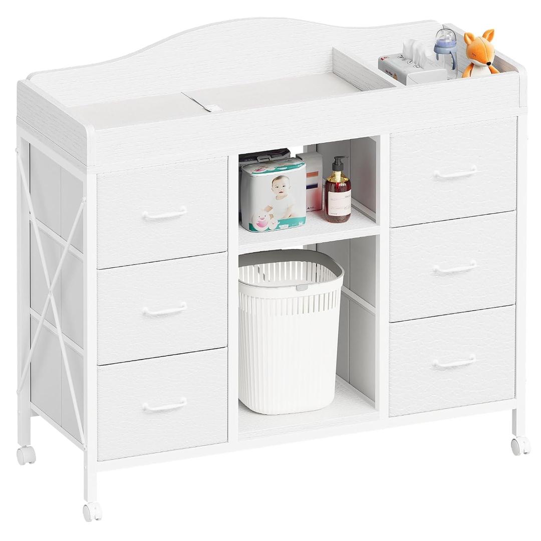 Changing Table, 6-Drawer Baby Dresser with Changing Table top, Waterproof Diaper Changing Station & Pad, 2 Height-Adjustable Open Storage Shelves, Mobile Nursery Organizer, White