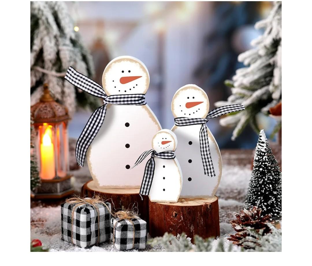 Threehoney Christmas Snowmen Wooden Ornaments Rustic Christmas Table Centerpieces Farmhouse Tiered Tray Decor Table Sign for Xmas Winter Holiday Party Home Office Shelf(3 Pcs,Snowmen)