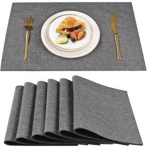 Double Layer Placemats Set of 6 - Polyester Linen-Type Table Mats 19x13 Inch, Heat Resistant Anti-Slip & Stain Resistant, Machine Washable Wrinkle Free Dining Table Mats (Dark Gray)