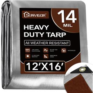 Sunvigor Tarp Waterproof 12x16Ft, Heavy Duty Tarp Cover Extra Thick 14 Mil Tear and UV Resistant, Outdoor Tarps with Grommets and Reinforced Edges for Roof, Camping, Patio, Pool, Boat (Silver/Brown 14mil)