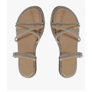 OYOANGLE Women's Rhinestone Strappy Open Toe Slide Sandals Slip on Casual Flat Sandals 38
