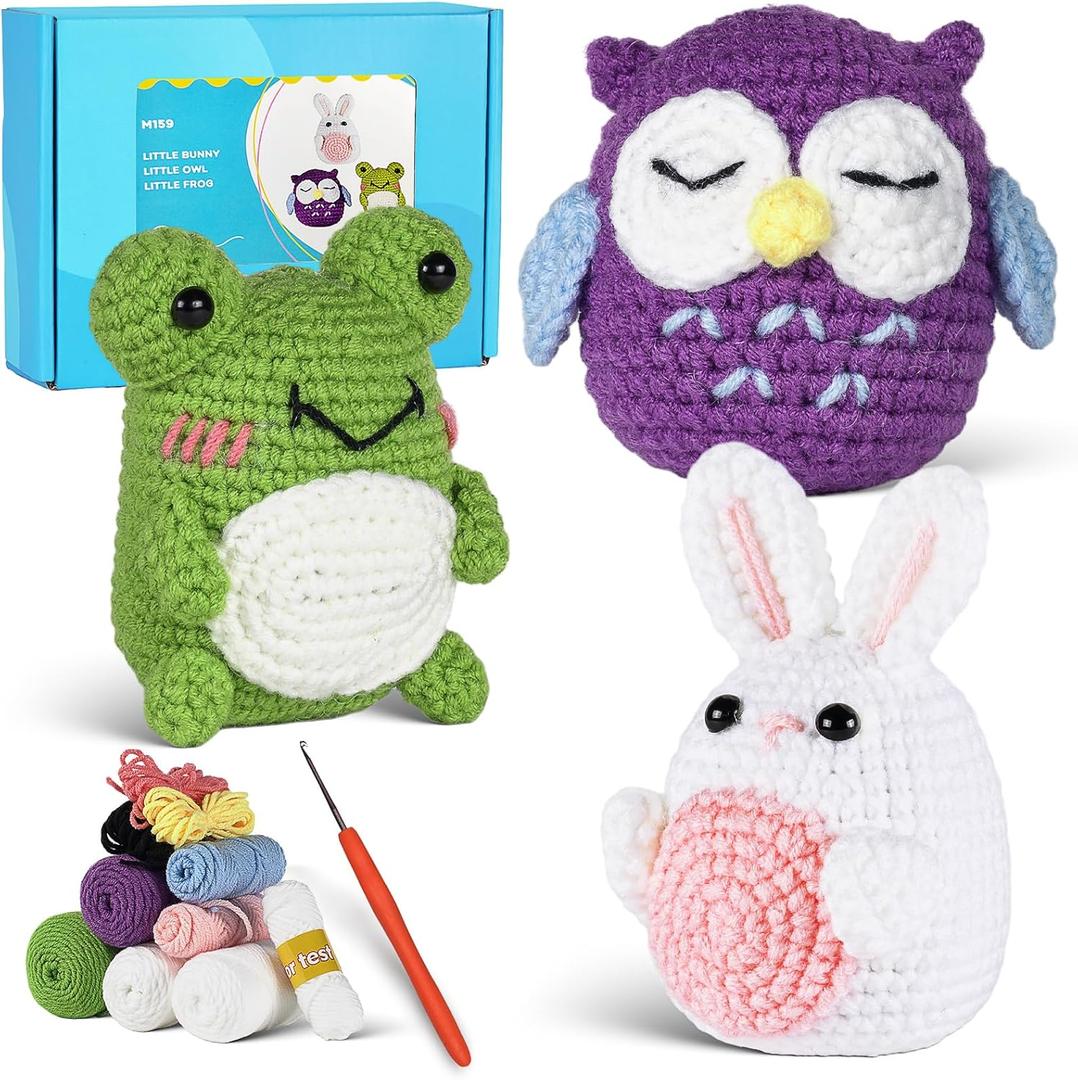 Crochet animals kit for beginners,crochet knitting kit crafts for adult women kids DIY with step-by-step video,easy learn tutorials to crochet kits,yarns,hook,accessories (white rabbit frog owl)
