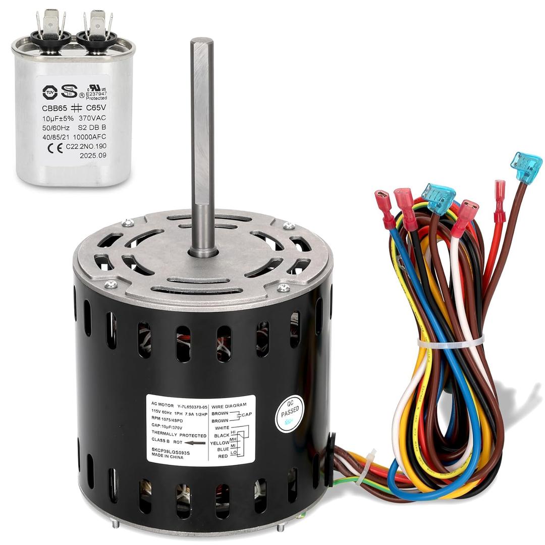 5KCP39LGS093S Furnace Blower Motor with 10µF Capacitor, 1/2 HP 115V 1075 RPM, 48Y Frame, Replacement for GE Genteq 5KCP39LGR668AS, 5KCP39LGM301AS, Carrier HC43AE117, HC43AE117A