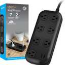 GE 7-Outlet Surge Protector Power Strip with USB, 2 USB-A, 4 Ft Braided Cord, Multi Plug Outlet Extender, Flat Plug, Charging Station, 2.4A, 1470 Joules, Black, 82593