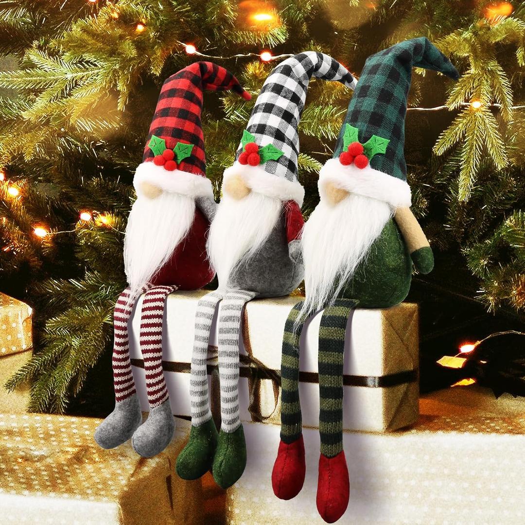 3Pcs Christmas Gnomes Plush - Xmas Gnomes Santa Scandinavian Tomte Ornaments - Buffalo Check Plaid Christmas Doll - Xmas Decorations for Home, Office, Indoor for Women, Gnomes Lovers (White)
