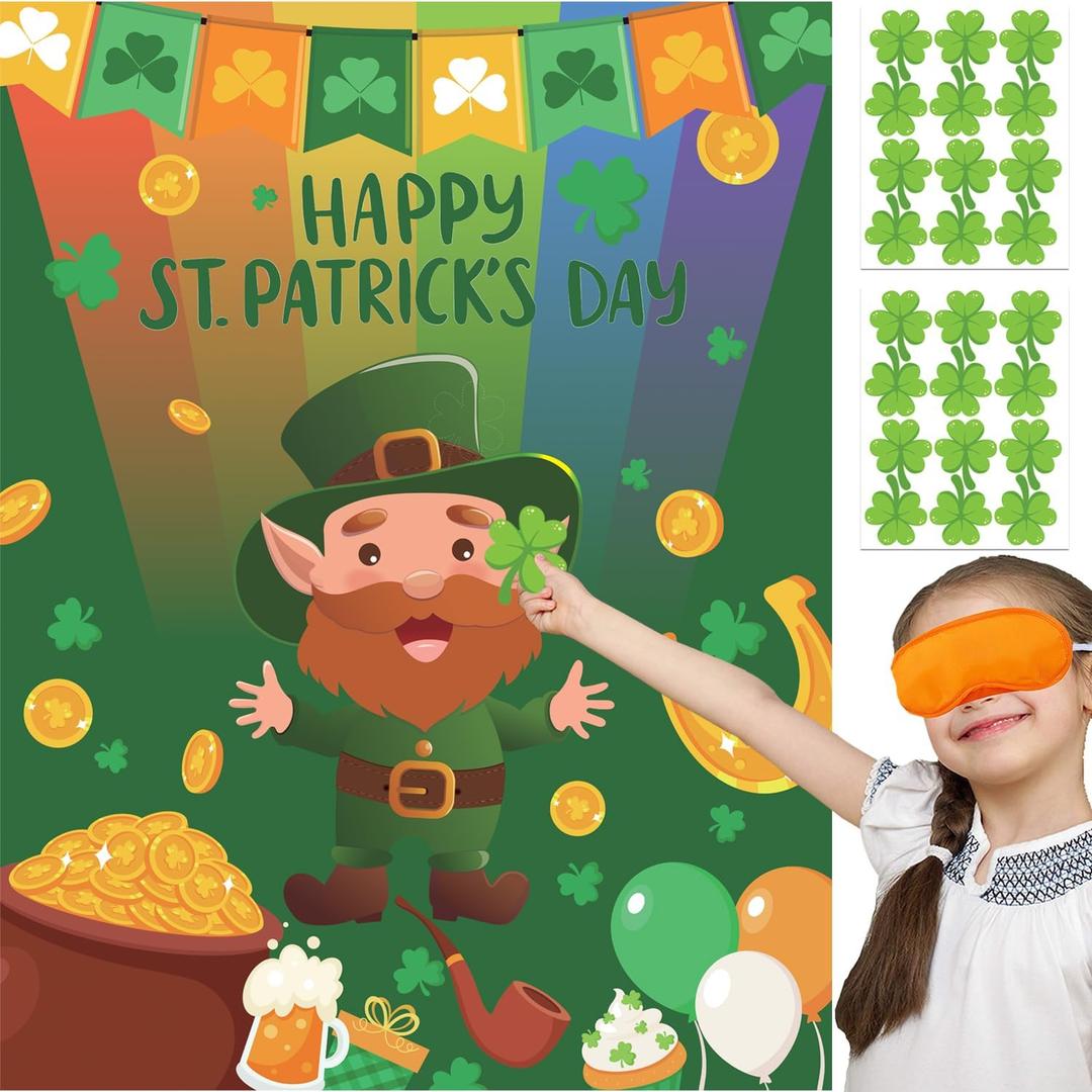 6 x St. Patrick's Day Pin the Shamrock Game for Kids - Reusable Leprechaun Party Activity with Lucky Shamrock Favor Supplies for Boys & Girls