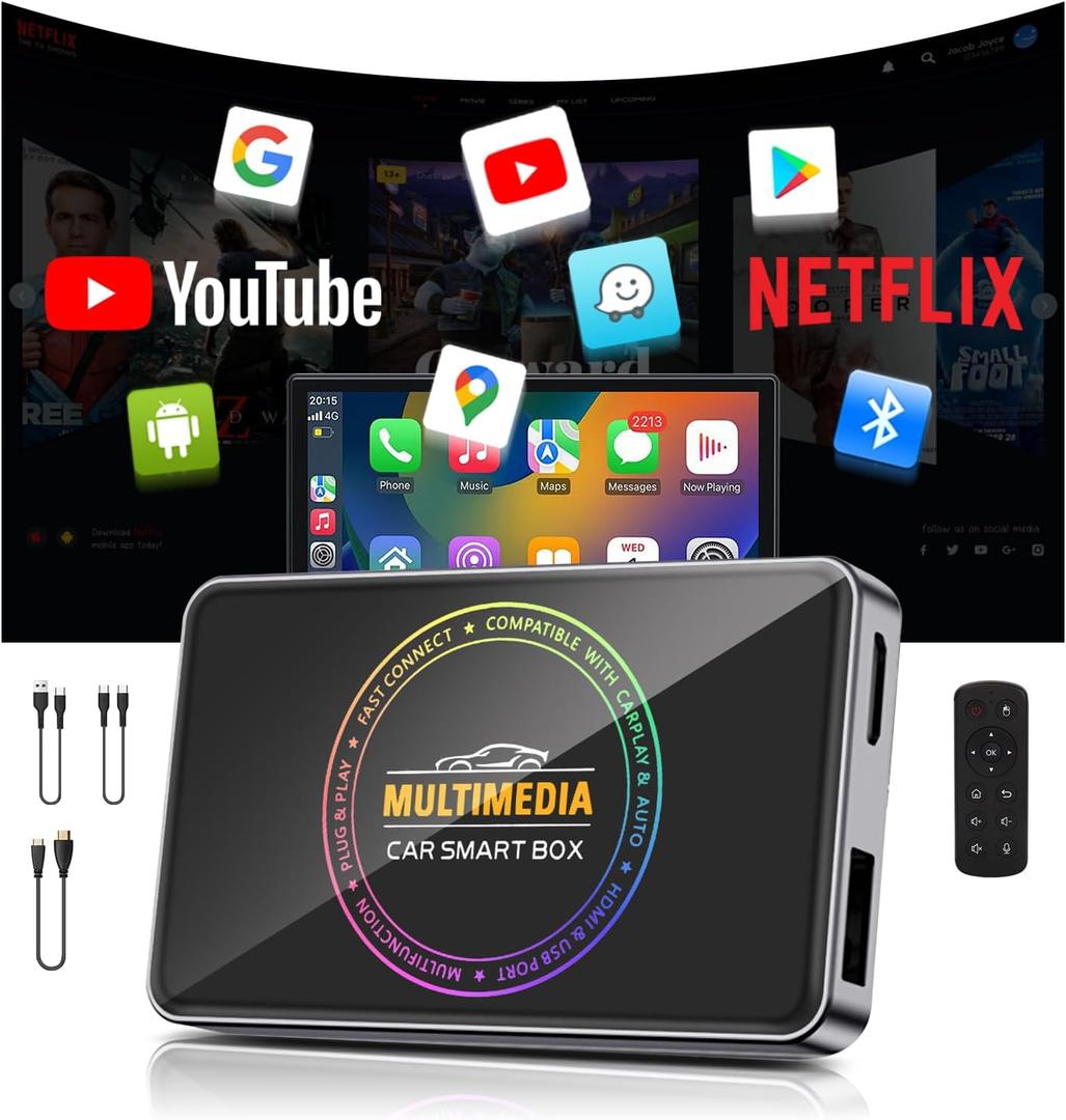 Dokjuan 4in1 Wireless CarPlay Adapter 2025 Ai Box Carplay 4K HDMI Out to TV/PC/Car, Dual 5G WiFi Split Screen, Plug & Play for OEM Wired CarPlay/Android Auto Cars