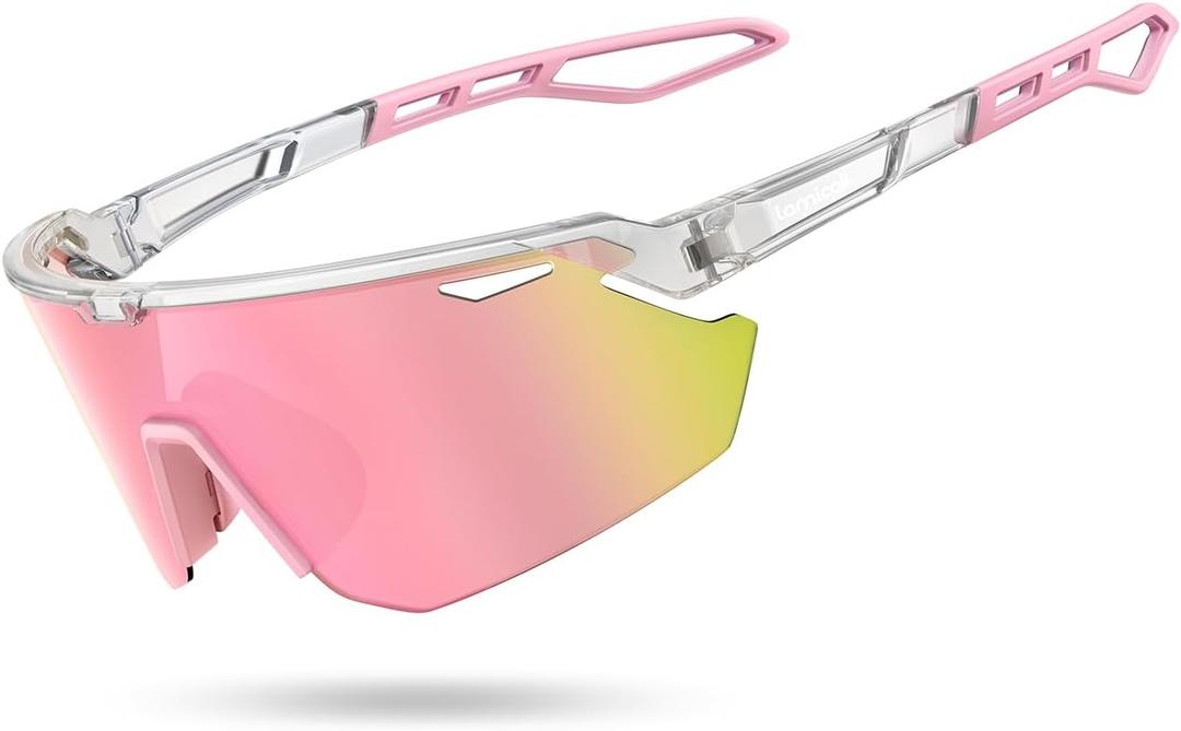 Lamicall 24g Polarized Sports Sunglasses for Men Women - UV400 Protection Sun Glasses Gifts for Running Cycling Baseball (Transparent Frame-pink Lens)