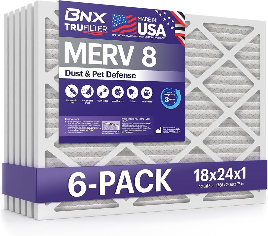 BNX TruFilter 18x24x1 Air Filter MERV 8 (6-Pack) - MADE IN USA  Dust & Pet Defense Electrostatic Pleated Air Conditioner HVAC AC Furnace Filters for Dust, Pet, Mold, Pollen MPR 600  700 & FPR 5