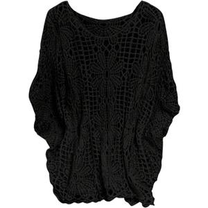 MakeMeChic Women's Plus Size Boho Tops Crochet Sweater Dolman Sleeve Beach Cover Up (Black, XXXL)