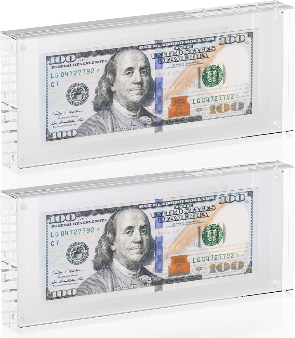 Dollar Bill Frame Display 2 Pack 7.8" x 3.9" Acrylic Dollar Bill Holder, Thick Magnetic Self-Standing Display Case for Currency, Tickets, Banknotes, and Stamps (2)