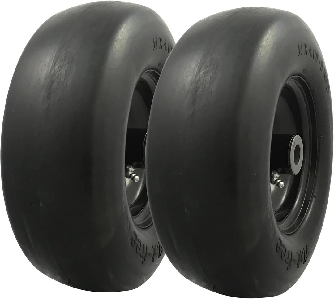 MARASTAR 00232-2PK Universal Fit Flat-Free 11x4.00-5 Tire and Wheel Assembly, Zero Turn Lawn Mower Replacement Tires, Smooth Tread, Adapter Kit included, 2 pack