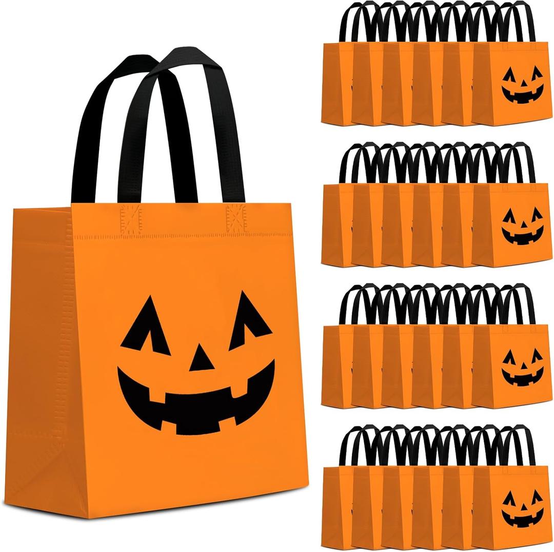 KERINGO 24 PCS Halloween Candy Bags Reusable Non Woven Treat Gift Bags Pumpkin Tote with Handles Bulk For Halloween Themed Trick or Treat Party Favors Supplies