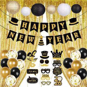New Years Decorations 2026  Gold Black White Happy New Year Decorations Kit with Banner, Balloons, Fringe Curtains, Lanterns & Photo Booth Props  New Years Eve Party Supplies for Home & Events