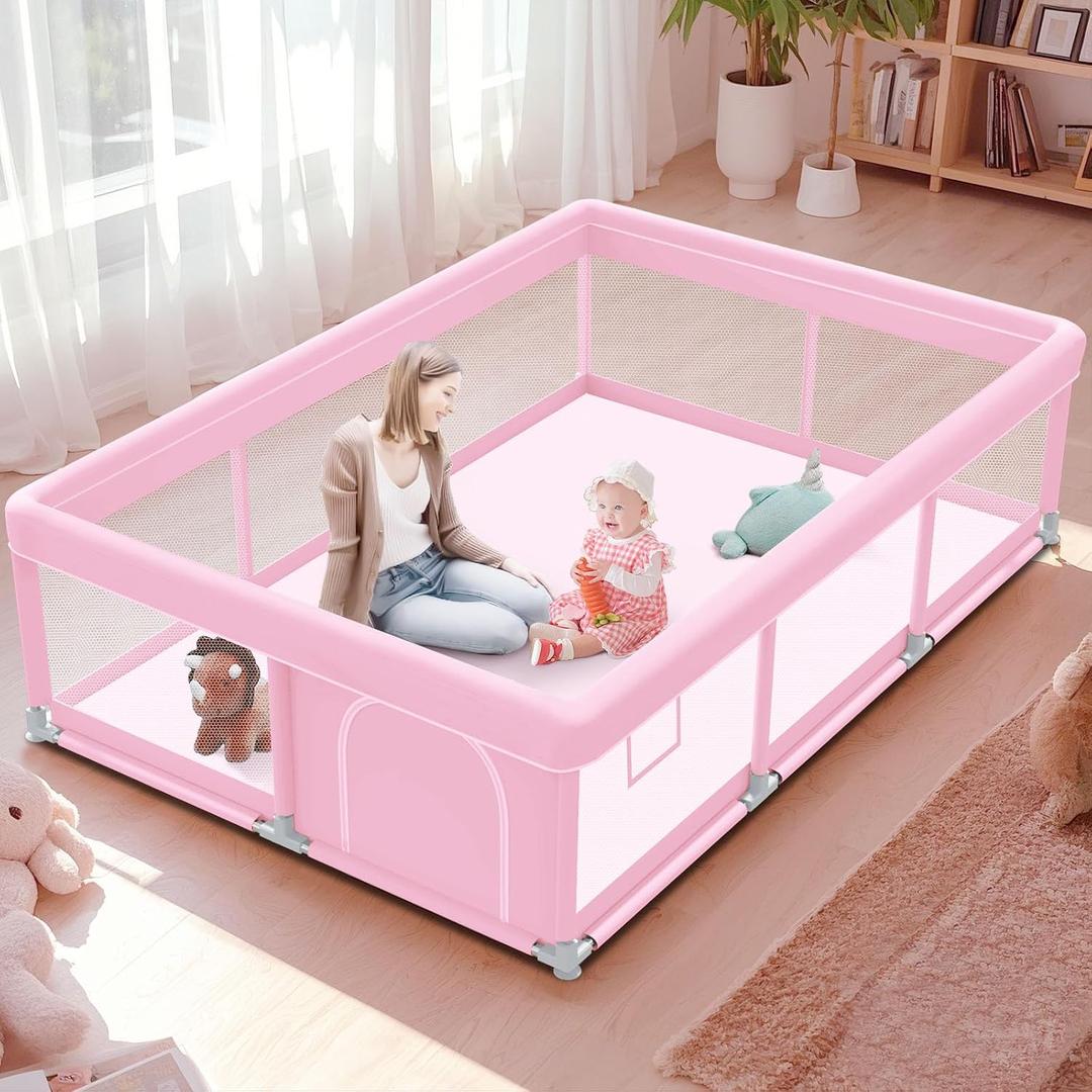 Pink Baby Playpen 74x50 Inches Playpen for Little Princess Play Yards Indoor & Outdoor Sturdy Safety Baby Girls Play Pen with Soft Breathable Mesh Toddlers Activity Center with Anti-Slip Base