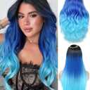 HANNE Long Blue Wavy Wigs for Women 26 Inch Middle Part Blue Ombre Wig Body Wave Long Curly Synthetic Wig Heat Resistant Black and Blue Wigs Colorful Hair Wigs for Women (Ombre Blue)