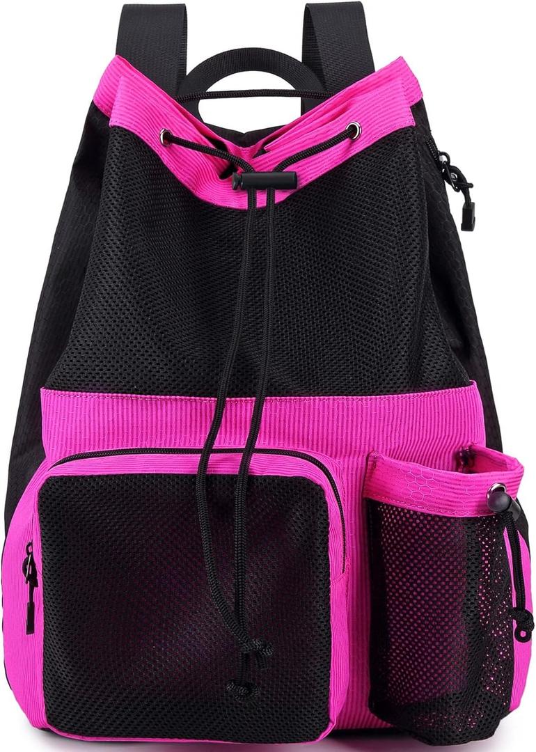 Lohol Large Mesh Drawstring Backpack with Shoe Bag, Durable Swimming String Sack with Handle for Sports Gym Yoga Beach Travel (Rose Pink)