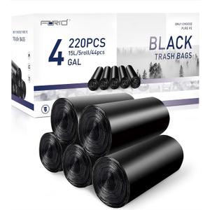 FORID Small Black Bags, 4 Gallon Garbage Bags, 220 Counts Strong Plastic Can Liners 15 Liter for Kitchen Bathroom Office Waste Basket - Durable & Thick Bag